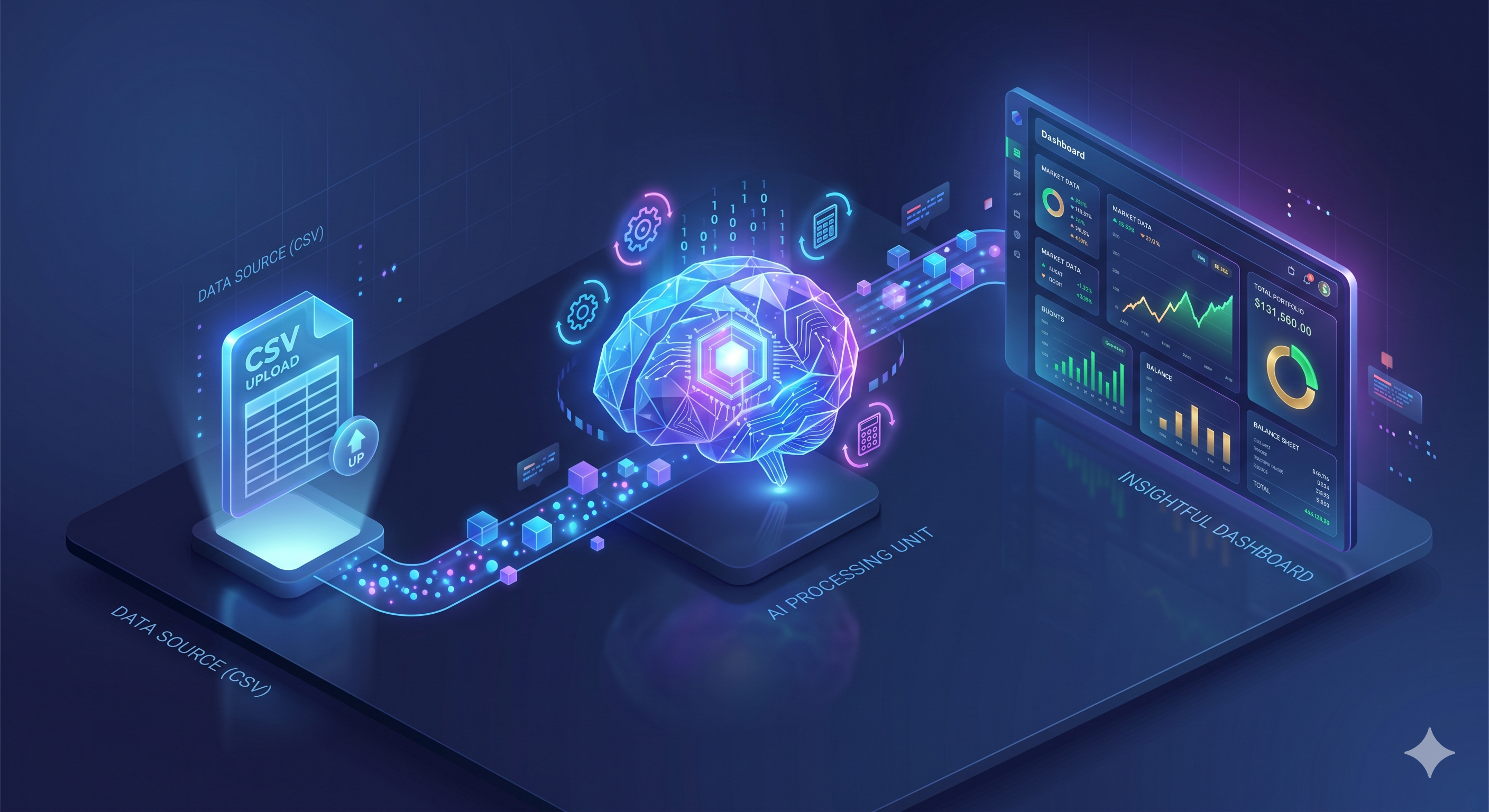 Isometric illustration of the π data pipeline — CSV upload on the left, a stylised AI brain processing signals in the middle, and a futuristic financial dashboard on the right. Blue and purple gradient lighting, dark-mode aesthetic.